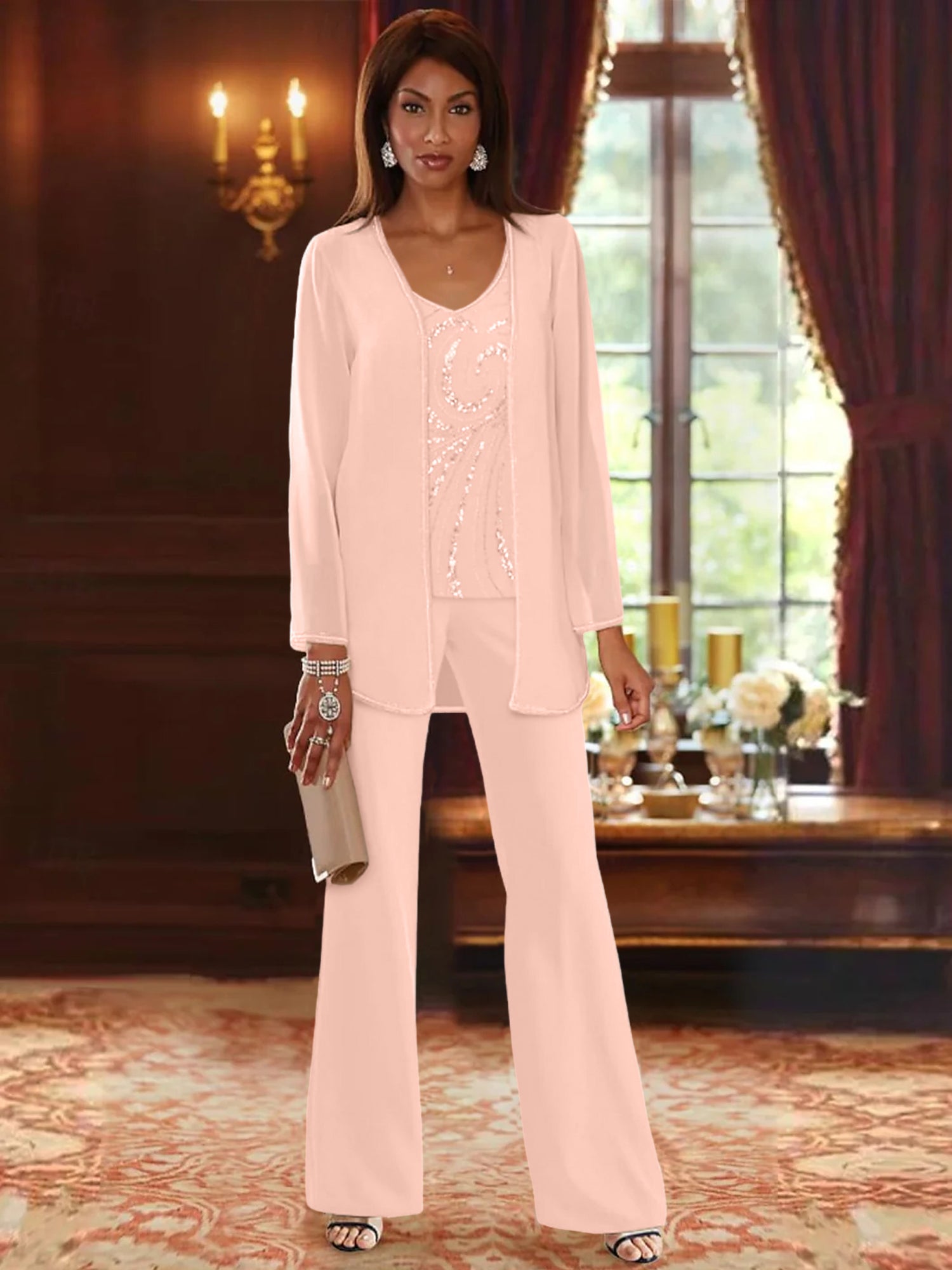 Chiffon V Neck Floor Length 3 Pieces Mother Of The Bride Pantsuits With Jacket Sequins Beading