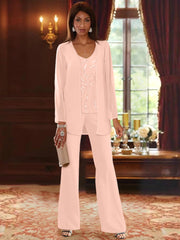 Chiffon V-Neck Floor-Length 3 Pieces Mother of the Bride Pantsuits with Jacket & Sequins Beading
