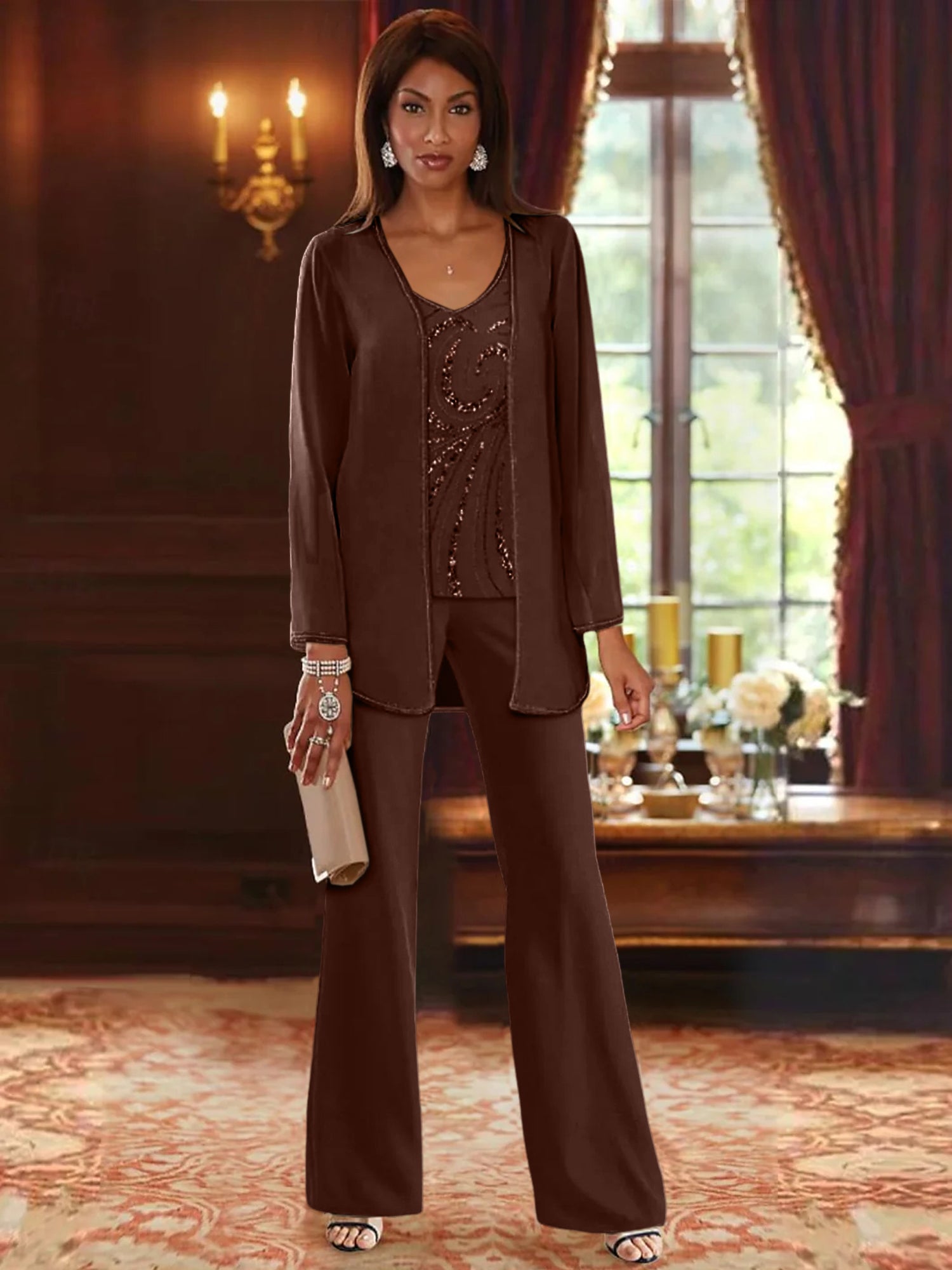 Chiffon V Neck Floor Length 3 Pieces Mother Of The Bride Pantsuits With Jacket Sequins Beading