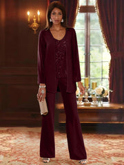 Chiffon V Neck Floor Length 3 Pieces Mother Of The Bride Pantsuits With Jacket Sequins Beading