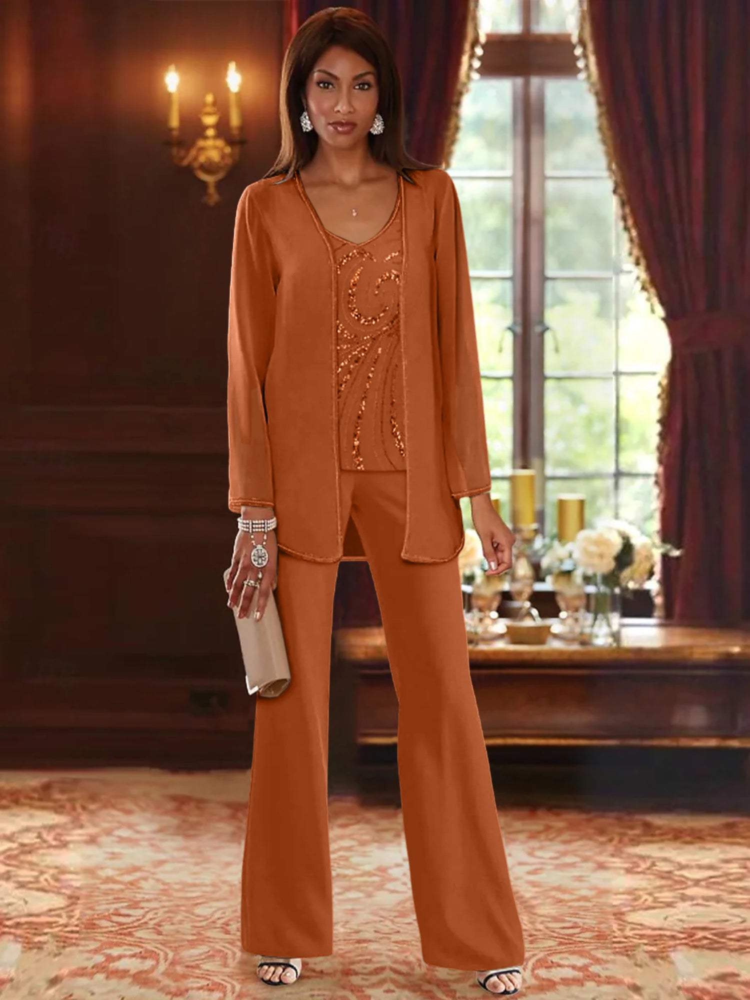 Chiffon V Neck Floor Length 3 Pieces Mother Of The Bride Pantsuits With Jacket Sequins Beading