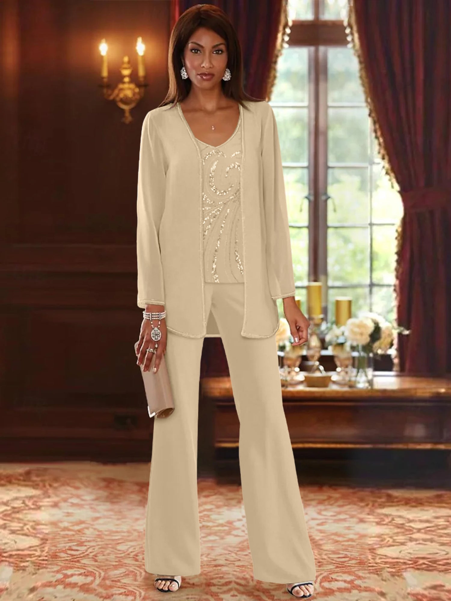Chiffon V Neck Floor Length 3 Pieces Mother Of The Bride Pantsuits With Jacket Sequins Beading