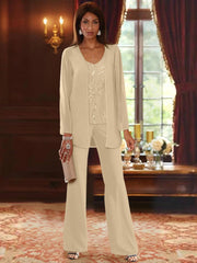 Chiffon V Neck Floor Length 3 Pieces Mother Of The Bride Pantsuits With Jacket Sequins Beading
