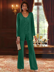 Chiffon V Neck Floor Length 3 Pieces Mother Of The Bride Pantsuits With Jacket Sequins Beading