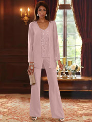 Chiffon V Neck Floor Length 3 Pieces Mother Of The Bride Pantsuits With Jacket Sequins Beading