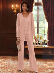 Chiffon V-Neck Floor-Length 3 Pieces Mother of the Bride Pantsuits with Jacket & Sequins Beading