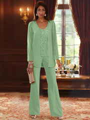 Chiffon V-Neck Floor-Length 3 Pieces Mother of the Bride Pantsuits with Jacket & Sequins Beading