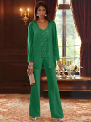 Chiffon V Neck Floor Length 3 Pieces Mother Of The Bride Pantsuits With Jacket Sequins Beading