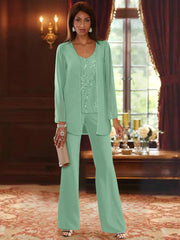 Chiffon V Neck Floor Length 3 Pieces Mother Of The Bride Pantsuits With Jacket Sequins Beading