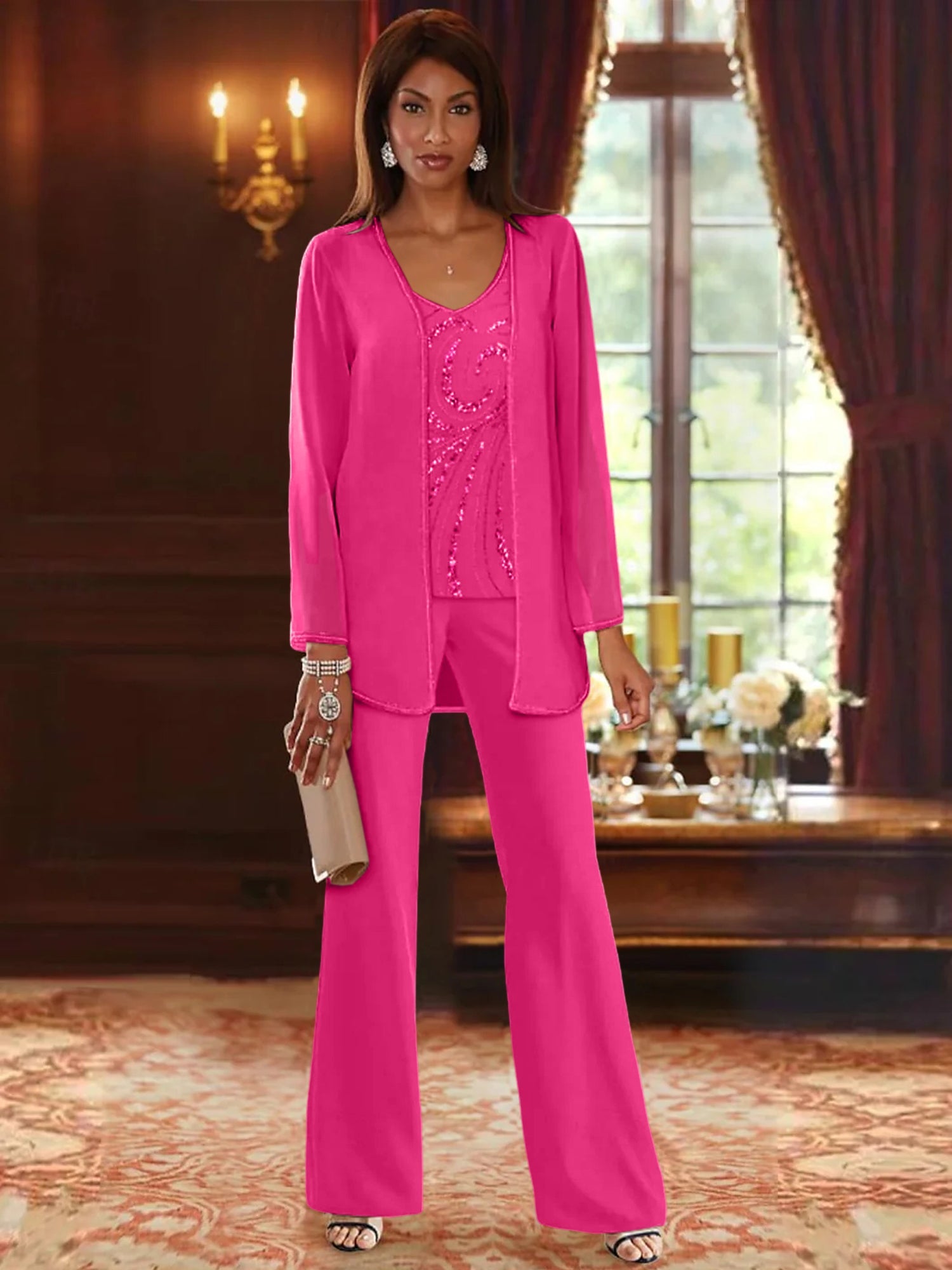 Chiffon V Neck Floor Length 3 Pieces Mother Of The Bride Pantsuits With Jacket Sequins Beading