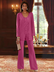 Chiffon V Neck Floor Length 3 Pieces Mother Of The Bride Pantsuits With Jacket Sequins Beading