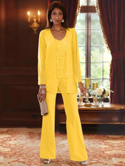 Chiffon V-Neck Floor-Length 3 Pieces Mother of the Bride Pantsuits with Jacket & Sequins Beading