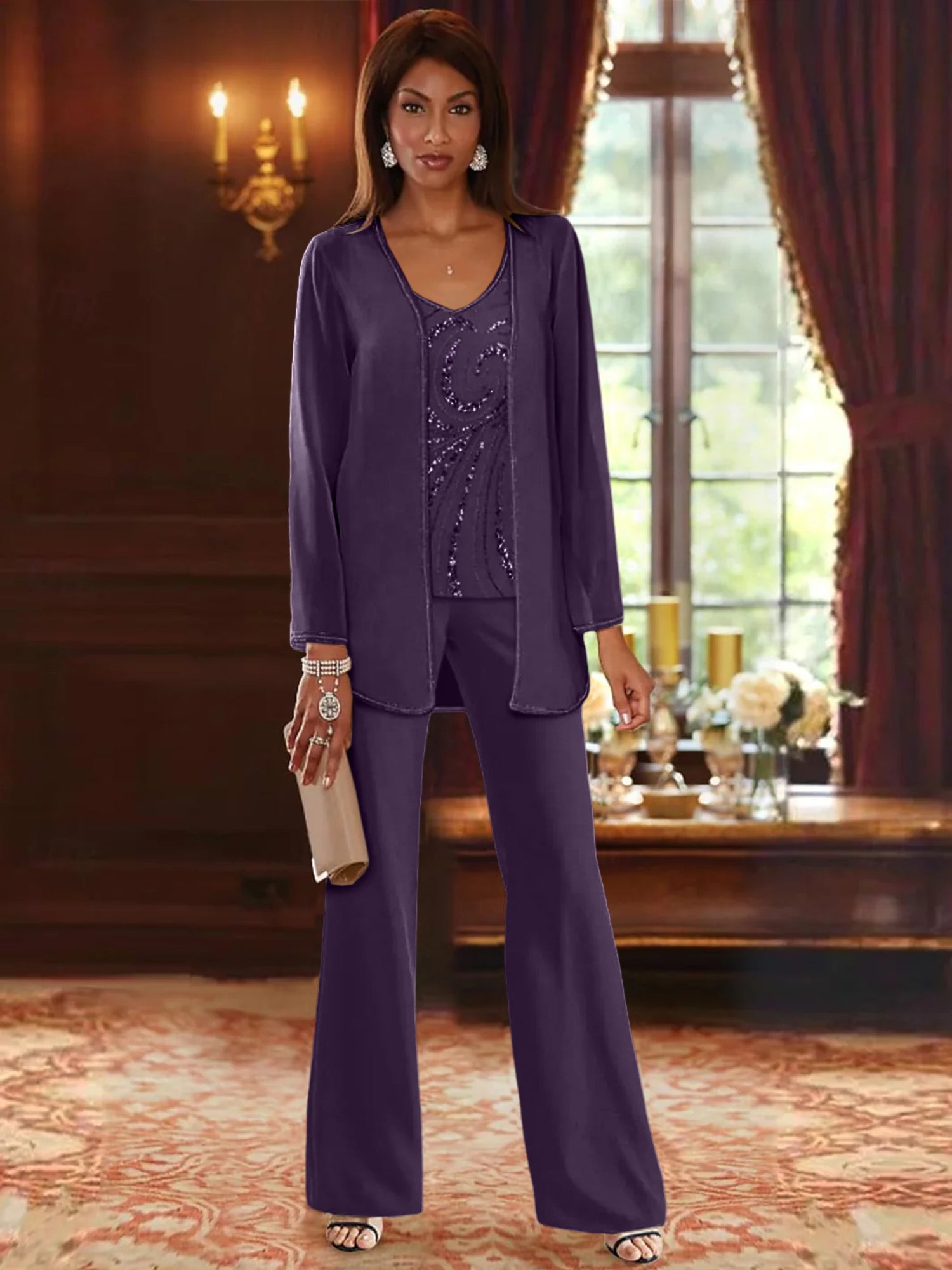 Chiffon V Neck Floor Length 3 Pieces Mother Of The Bride Pantsuits With Jacket Sequins Beading