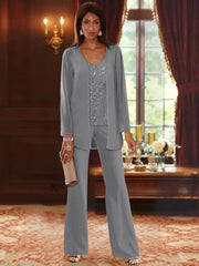 Chiffon V-Neck Floor-Length 3 Pieces Mother of the Bride Pantsuits with Jacket & Sequins Beading