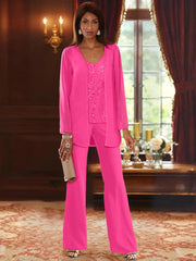 Chiffon V Neck Floor Length 3 Pieces Mother Of The Bride Pantsuits With Jacket Sequins Beading