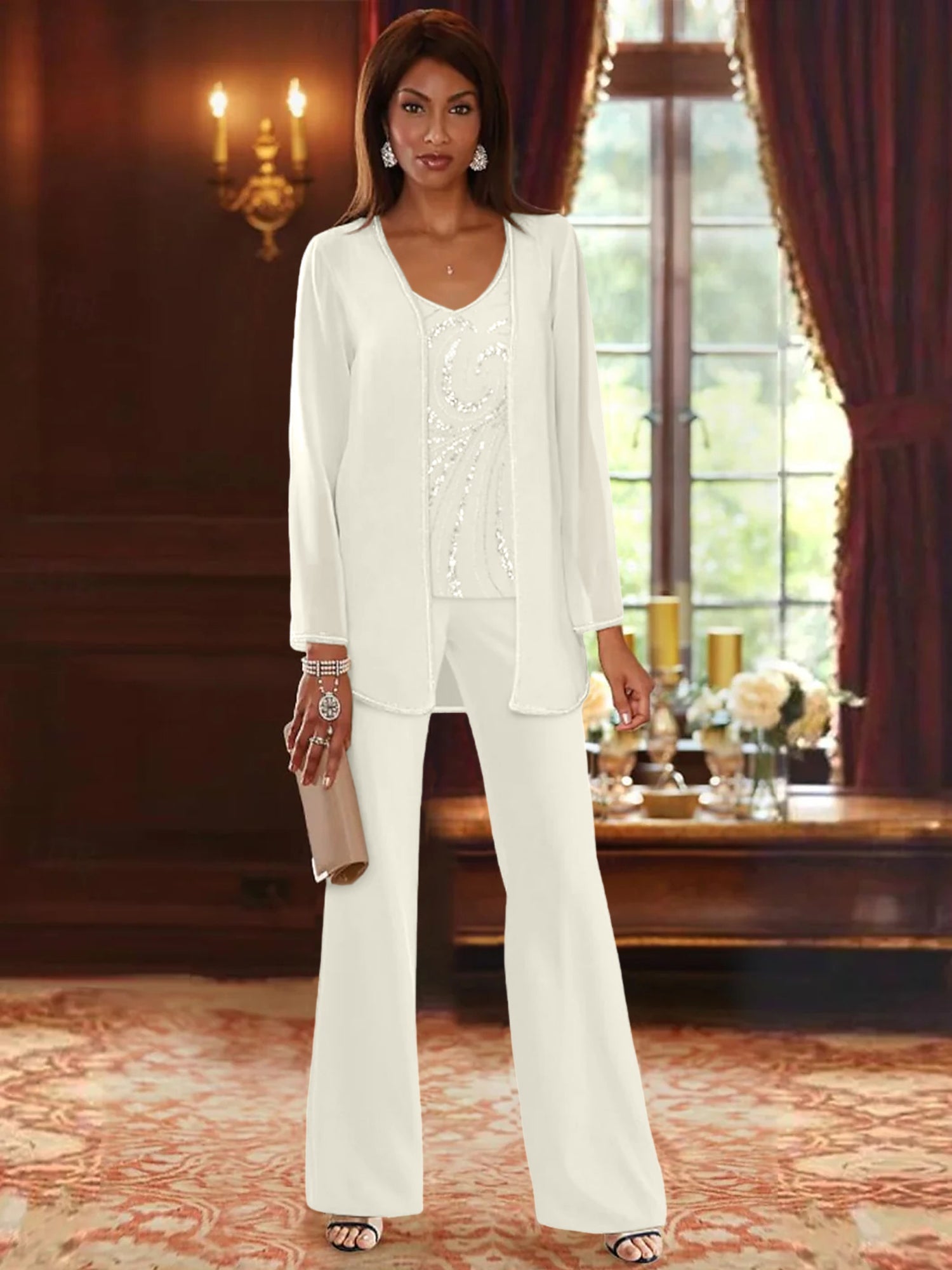 Chiffon V Neck Floor Length 3 Pieces Mother Of The Bride Pantsuits With Jacket Sequins Beading