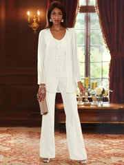 Chiffon V Neck Floor Length 3 Pieces Mother Of The Bride Pantsuits With Jacket Sequins Beading
