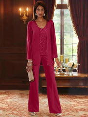 Chiffon V Neck Floor Length 3 Pieces Mother Of The Bride Pantsuits With Jacket Sequins Beading