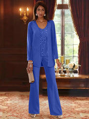 Chiffon V Neck Floor Length 3 Pieces Mother Of The Bride Pantsuits With Jacket Sequins Beading