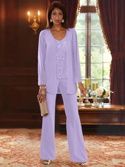 Chiffon V Neck Floor Length 3 Pieces Mother Of The Bride Pantsuits With Jacket Sequins Beading