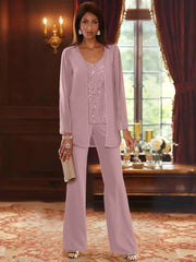 Chiffon V-Neck Floor-Length 3 Pieces Mother of the Bride Pantsuits with Jacket & Sequins Beading