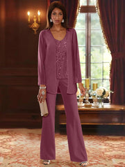 Chiffon V Neck Floor Length 3 Pieces Mother Of The Bride Pantsuits With Jacket Sequins Beading