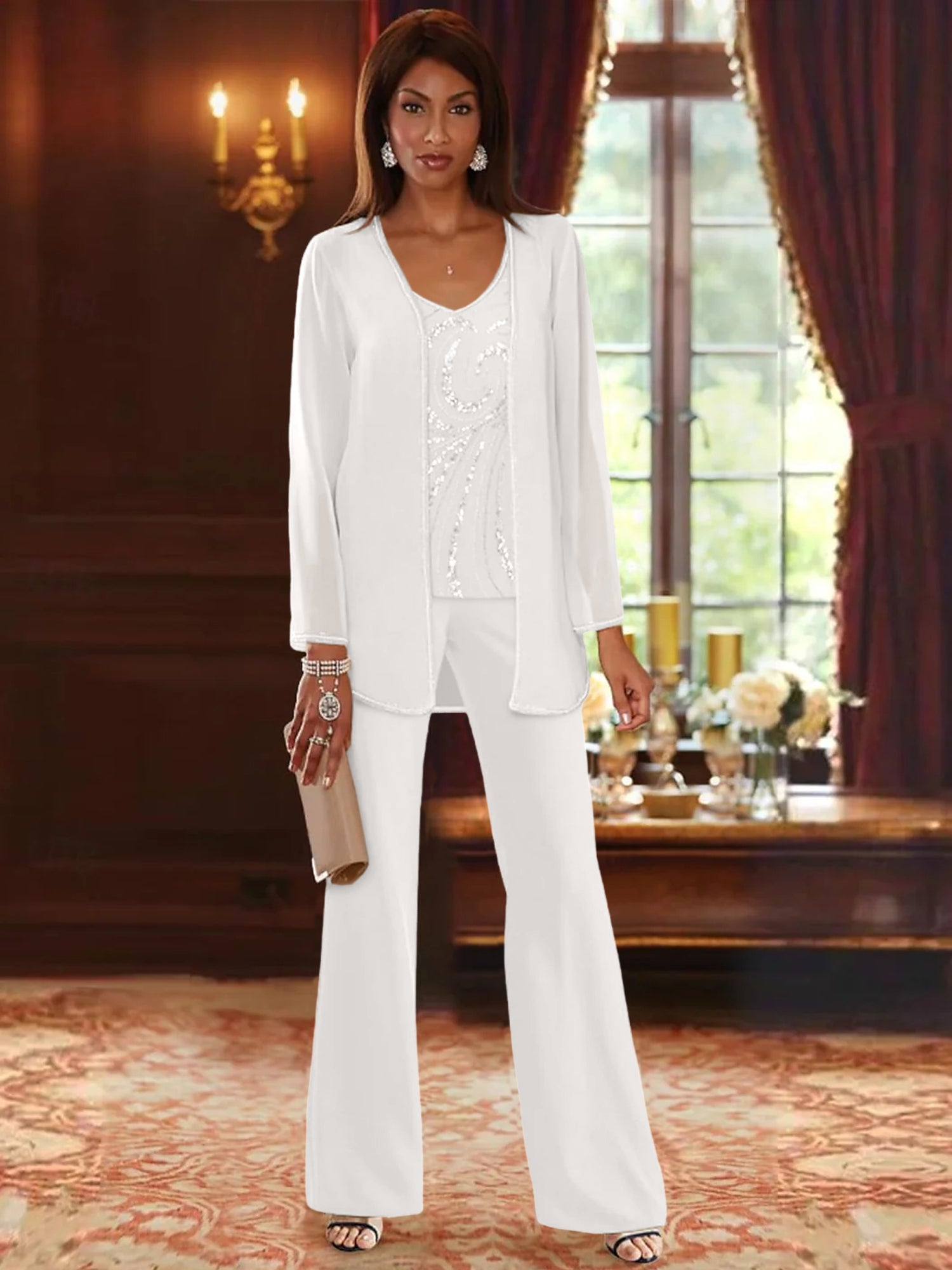 Chiffon V Neck Floor Length 3 Pieces Mother Of The Bride Pantsuits With Jacket Sequins Beading