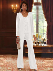 Chiffon V Neck Floor Length 3 Pieces Mother Of The Bride Pantsuits With Jacket Sequins Beading