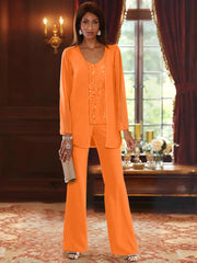 Chiffon V Neck Floor Length 3 Pieces Mother Of The Bride Pantsuits With Jacket Sequins Beading