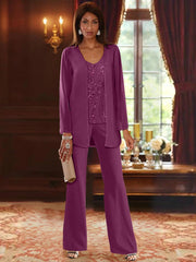 Chiffon V Neck Floor Length 3 Pieces Mother Of The Bride Pantsuits With Jacket Sequins Beading
