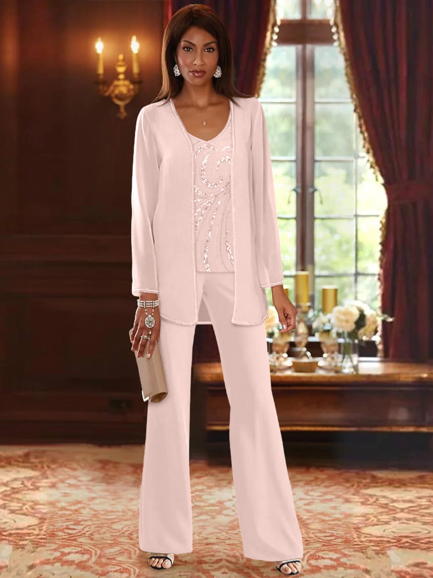Chiffon V Neck Floor Length 3 Pieces Mother Of The Bride Pantsuits With Jacket Sequins Beading