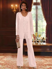 Chiffon V Neck Floor Length 3 Pieces Mother Of The Bride Pantsuits With Jacket Sequins Beading
