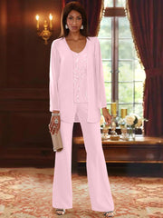 Chiffon V Neck Floor Length 3 Pieces Mother Of The Bride Pantsuits With Jacket Sequins Beading
