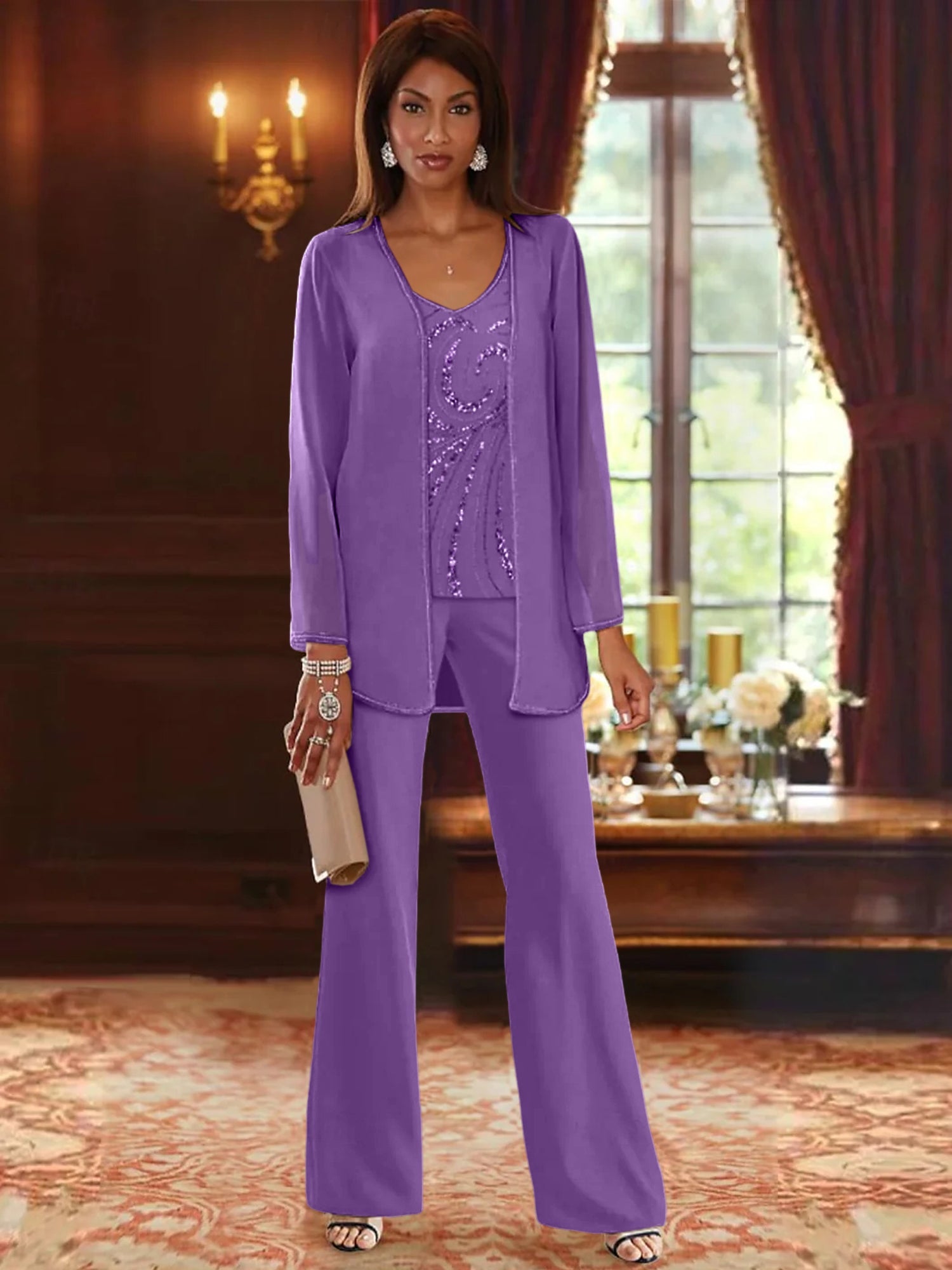 Chiffon V Neck Floor Length 3 Pieces Mother Of The Bride Pantsuits With Jacket Sequins Beading
