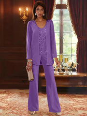 Chiffon V Neck Floor Length 3 Pieces Mother Of The Bride Pantsuits With Jacket Sequins Beading