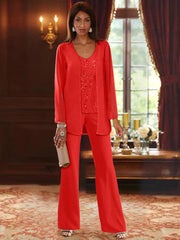 Chiffon V Neck Floor Length 3 Pieces Mother Of The Bride Pantsuits With Jacket Sequins Beading