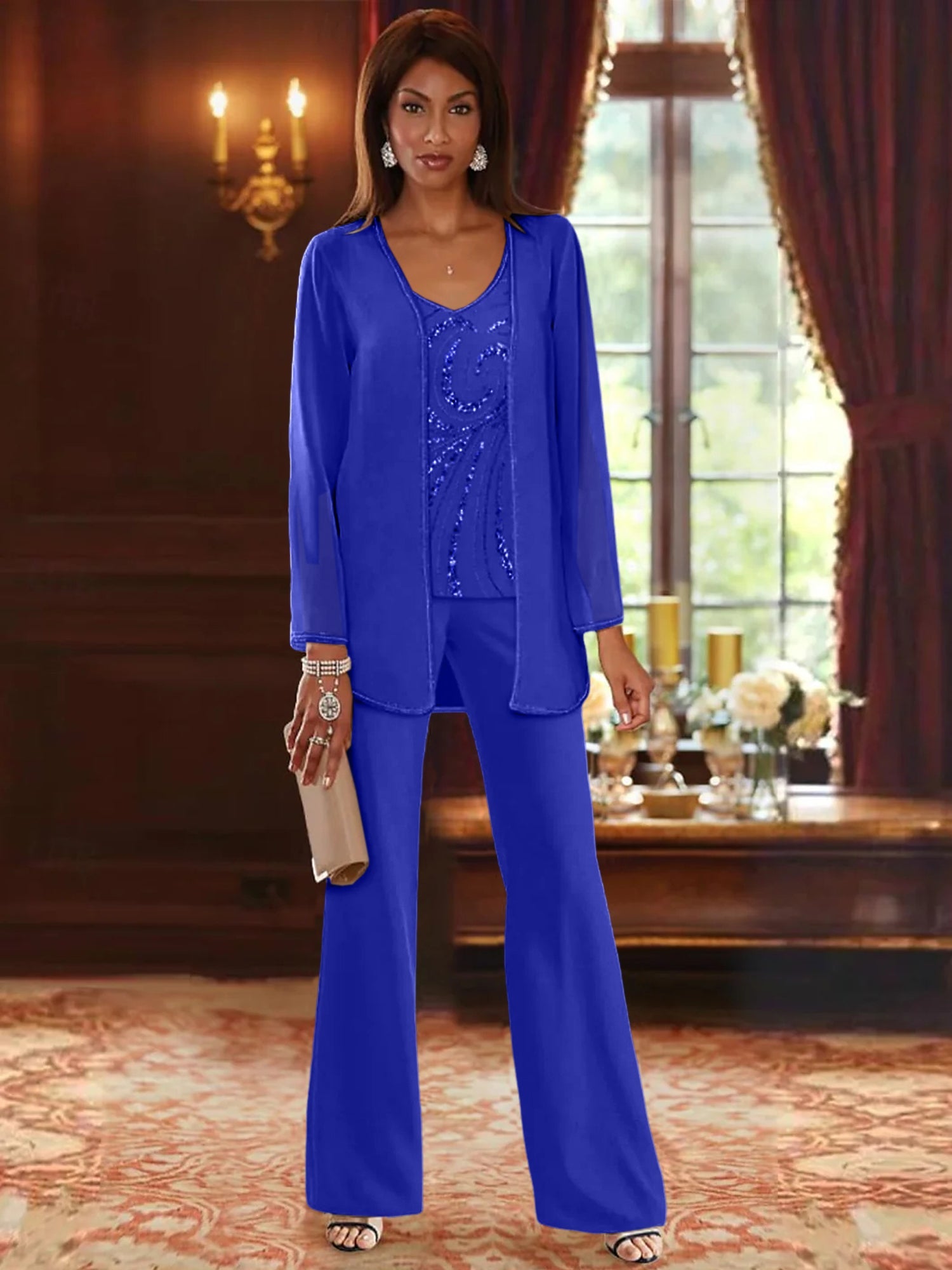 Chiffon V Neck Floor Length 3 Pieces Mother Of The Bride Pantsuits With Jacket Sequins Beading