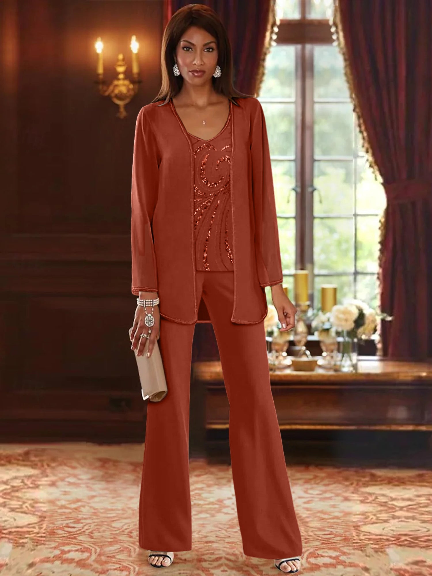 Chiffon V Neck Floor Length 3 Pieces Mother Of The Bride Pantsuits With Jacket Sequins Beading