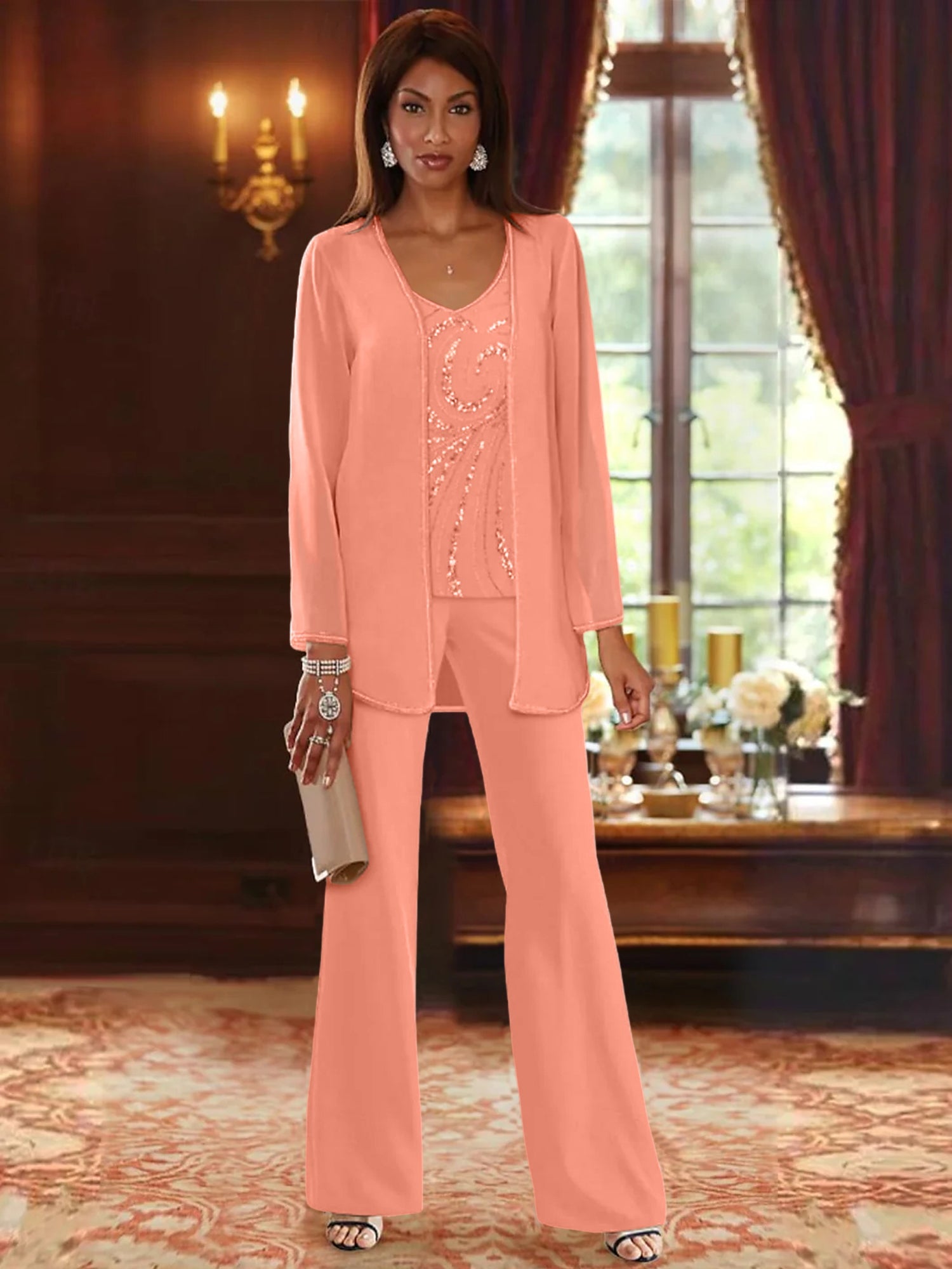 Chiffon V Neck Floor Length 3 Pieces Mother Of The Bride Pantsuits With Jacket Sequins Beading