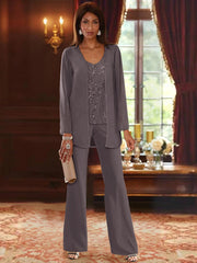 Chiffon V Neck Floor Length 3 Pieces Mother Of The Bride Pantsuits With Jacket Sequins Beading