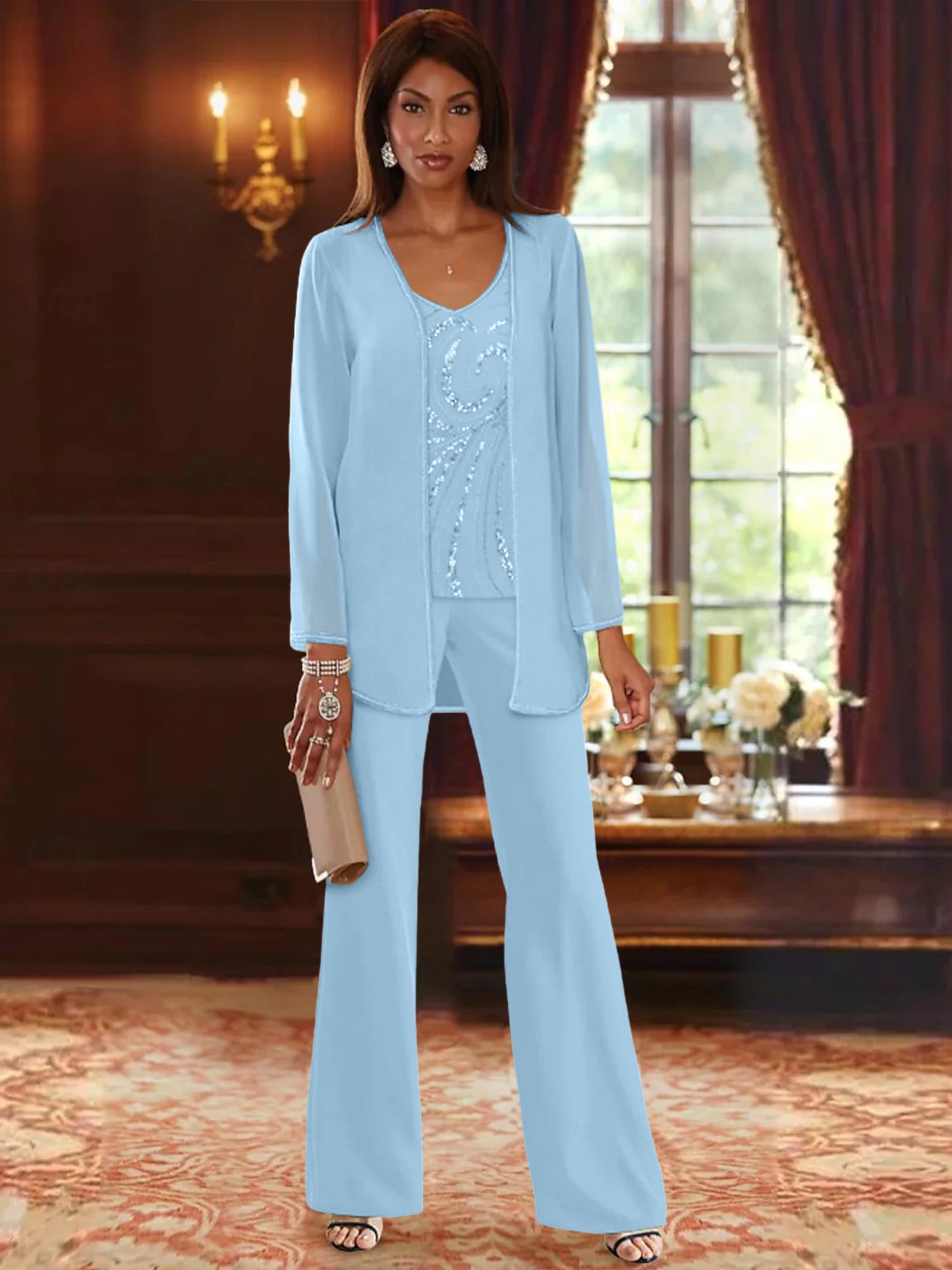 Chiffon V Neck Floor Length 3 Pieces Mother Of The Bride Pantsuits With Jacket Sequins Beading