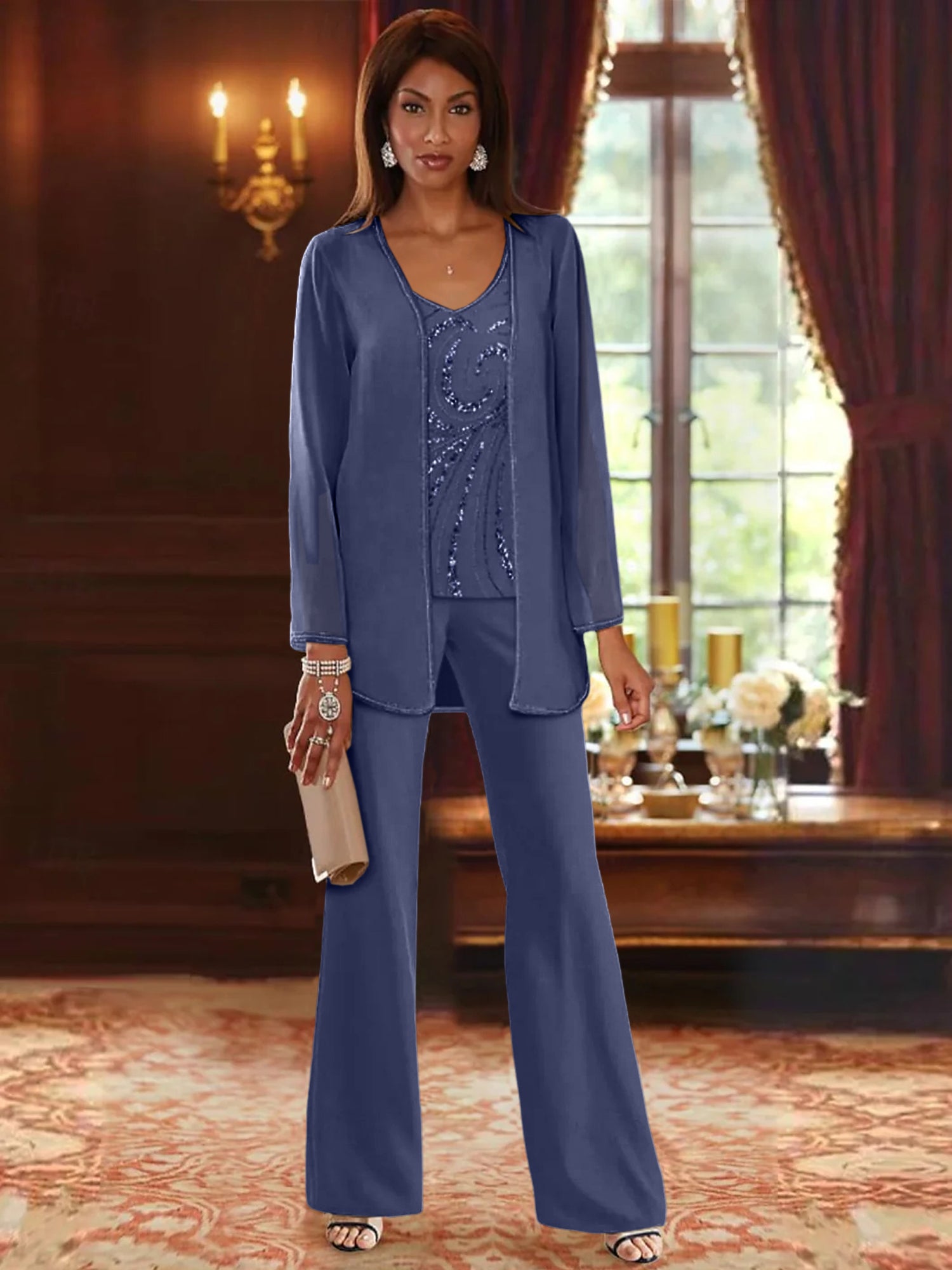 Chiffon V Neck Floor Length 3 Pieces Mother Of The Bride Pantsuits With Jacket Sequins Beading
