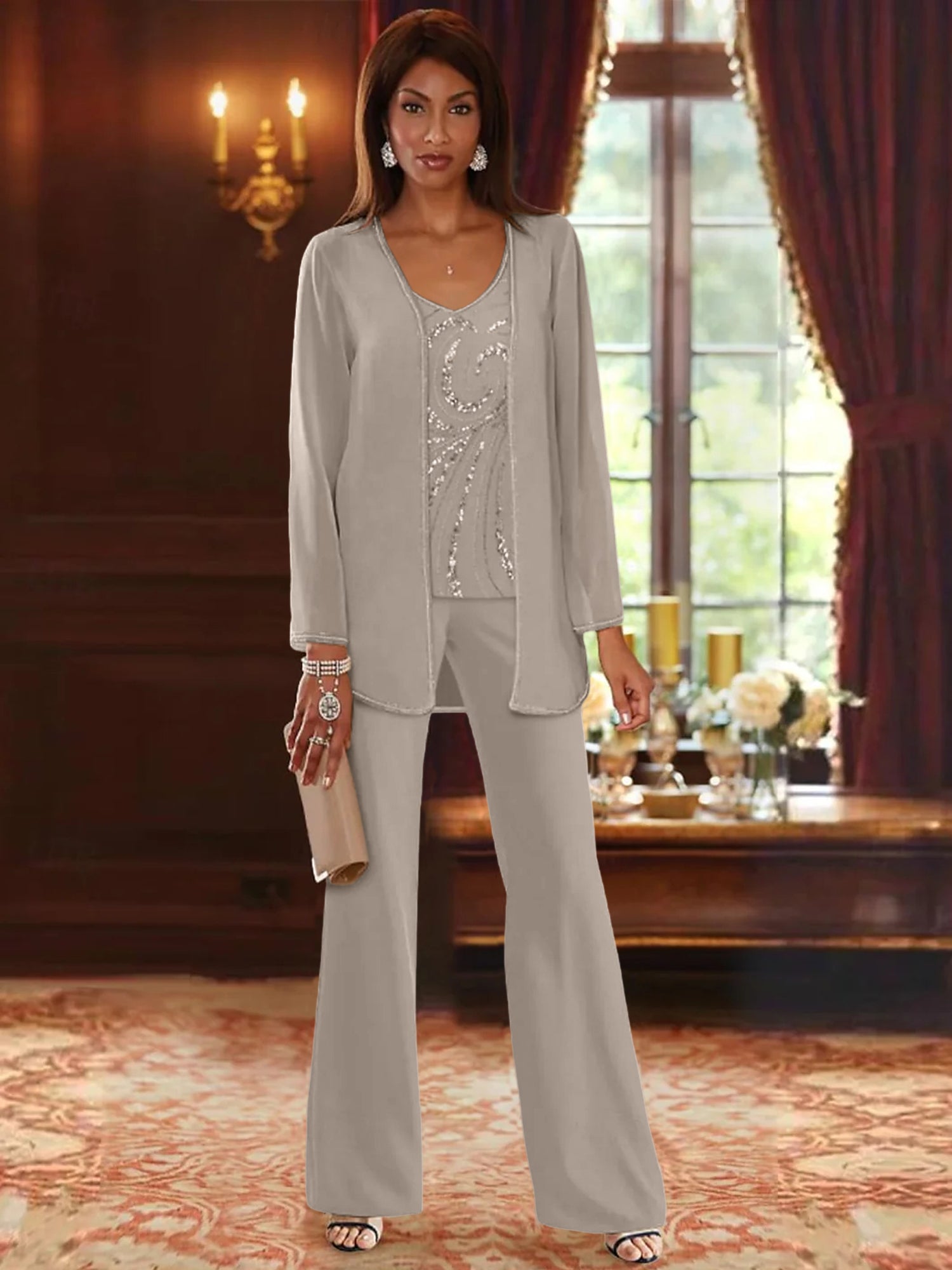 Chiffon V Neck Floor Length 3 Pieces Mother Of The Bride Pantsuits With Jacket Sequins Beading