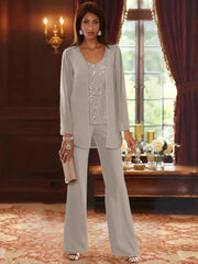 Chiffon V-Neck Floor-Length 3 Pieces Mother of the Bride Pantsuits with Jacket & Sequins Beading