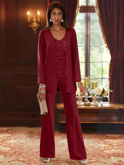 Chiffon V Neck Floor Length 3 Pieces Mother Of The Bride Pantsuits With Jacket Sequins Beading
