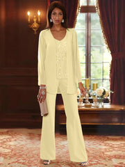Chiffon V-Neck Floor-Length 3 Pieces Mother of the Bride Pantsuits with Jacket & Sequins Beading