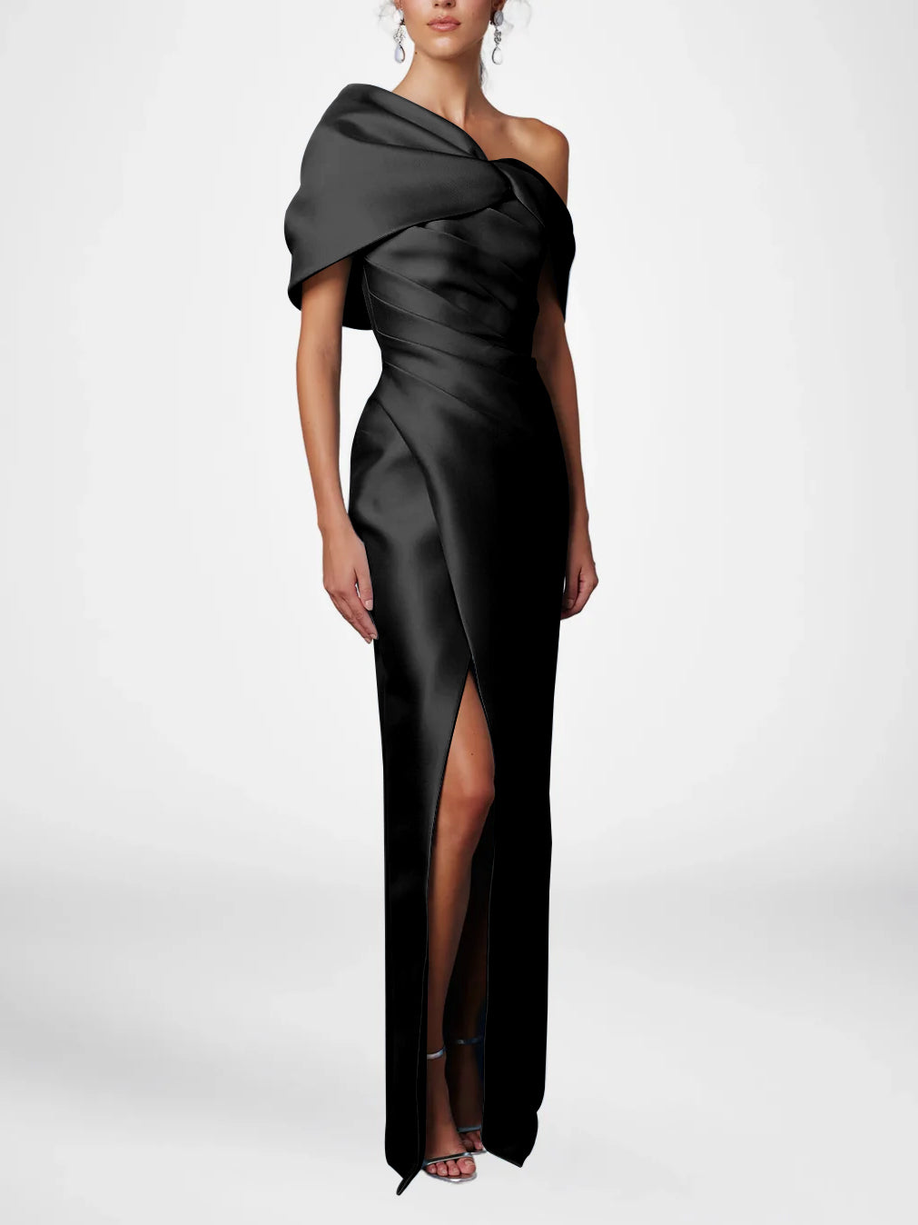 Sheath Column One Shoulder Half Sleeves Floor Length Mother Of The Bride Dresses With Ruffles