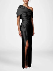 Sheath Column One Shoulder Half Sleeves Floor Length Mother Of The Bride Dresses With Ruffles