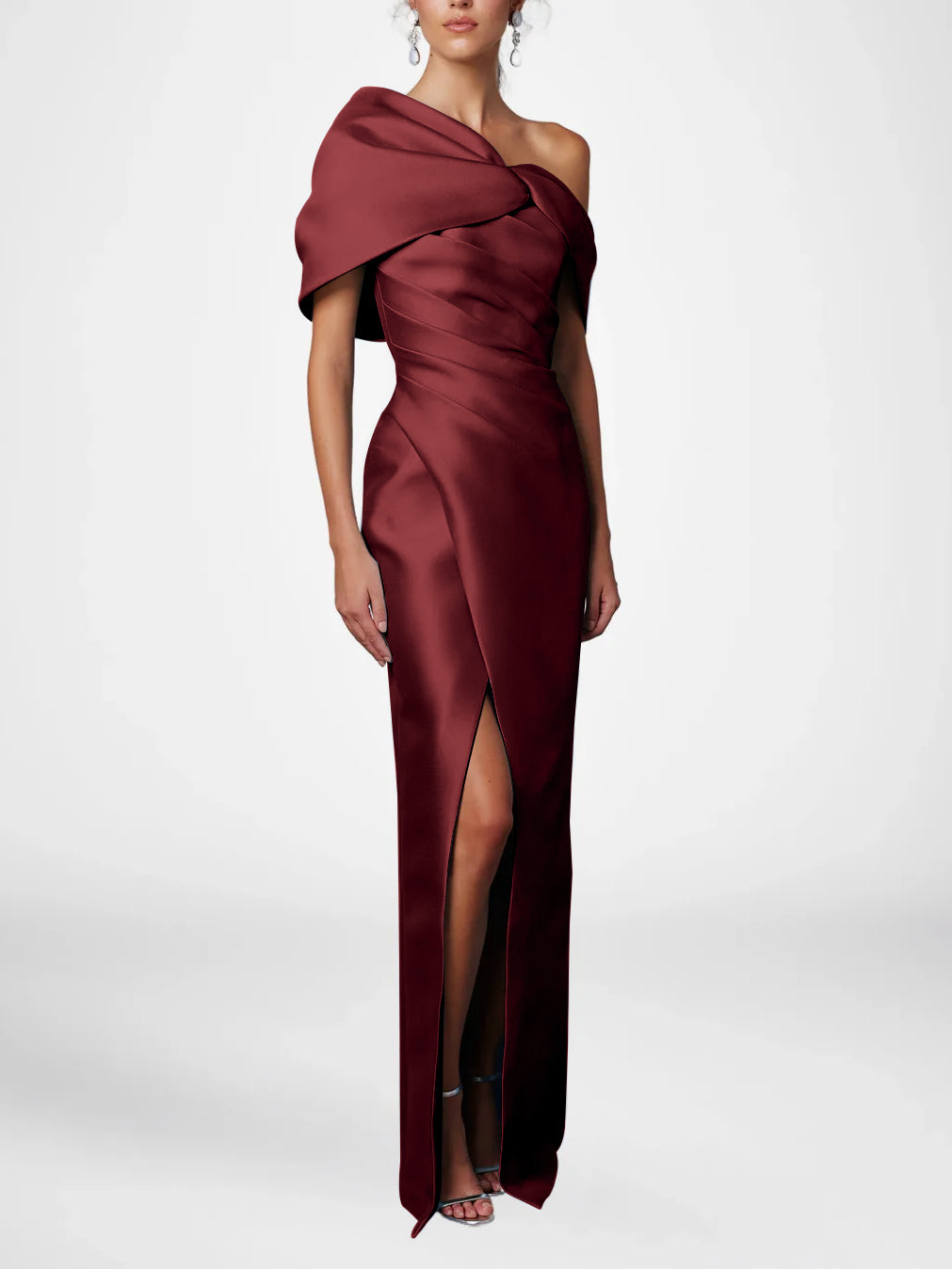 Sheath Column One Shoulder Half Sleeves Floor Length Mother Of The Bride Dresses With Ruffles