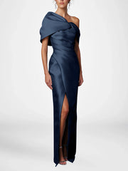 Sheath Column One Shoulder Half Sleeves Floor Length Mother Of The Bride Dresses With Ruffles